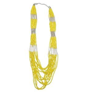 Multi-Strand Yellow Seed Bead Necklace Jewelry Silver Tubes and Balls
